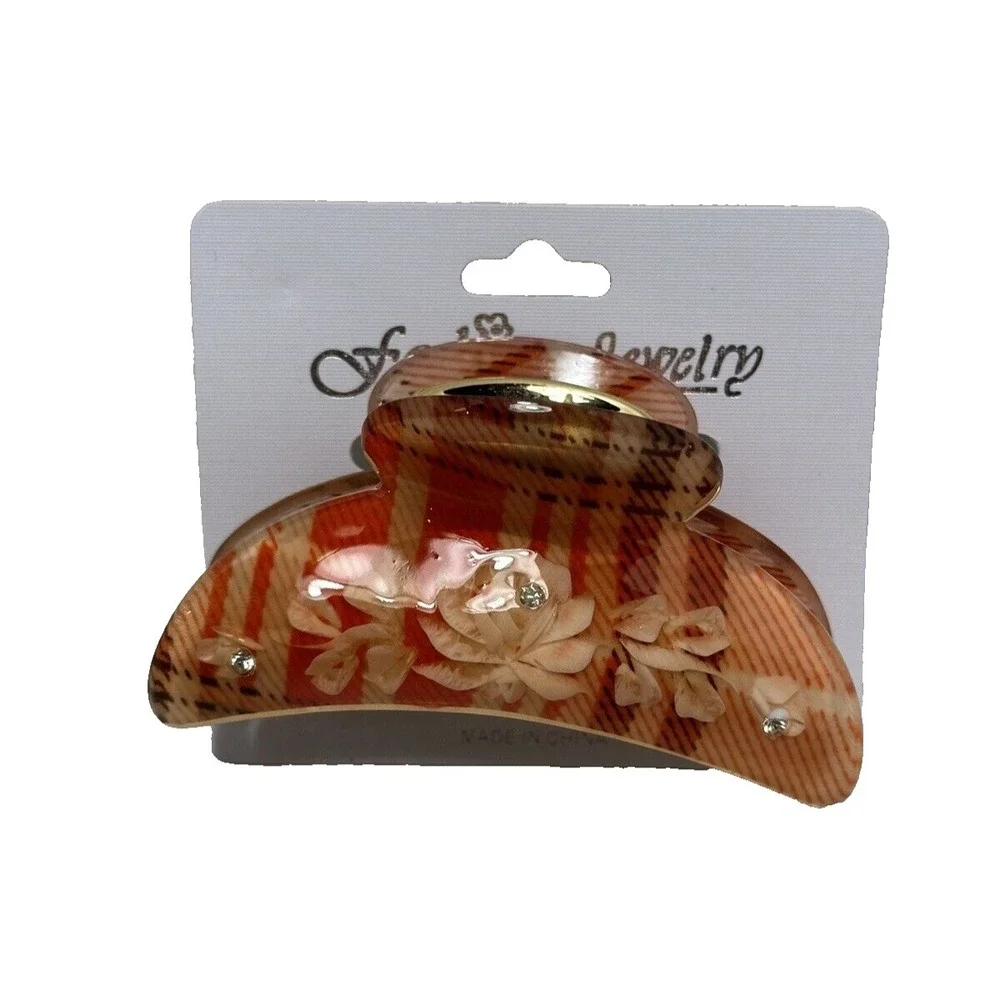Fashion Jewelry Hair Claw Clip Orange Brown Plaid Floral Rhinestone Gold Tone
